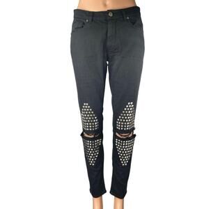 Gaelle Black Studded Distressed Ripped Knee Mid Rise Skinny Denim Jeans Pants 27